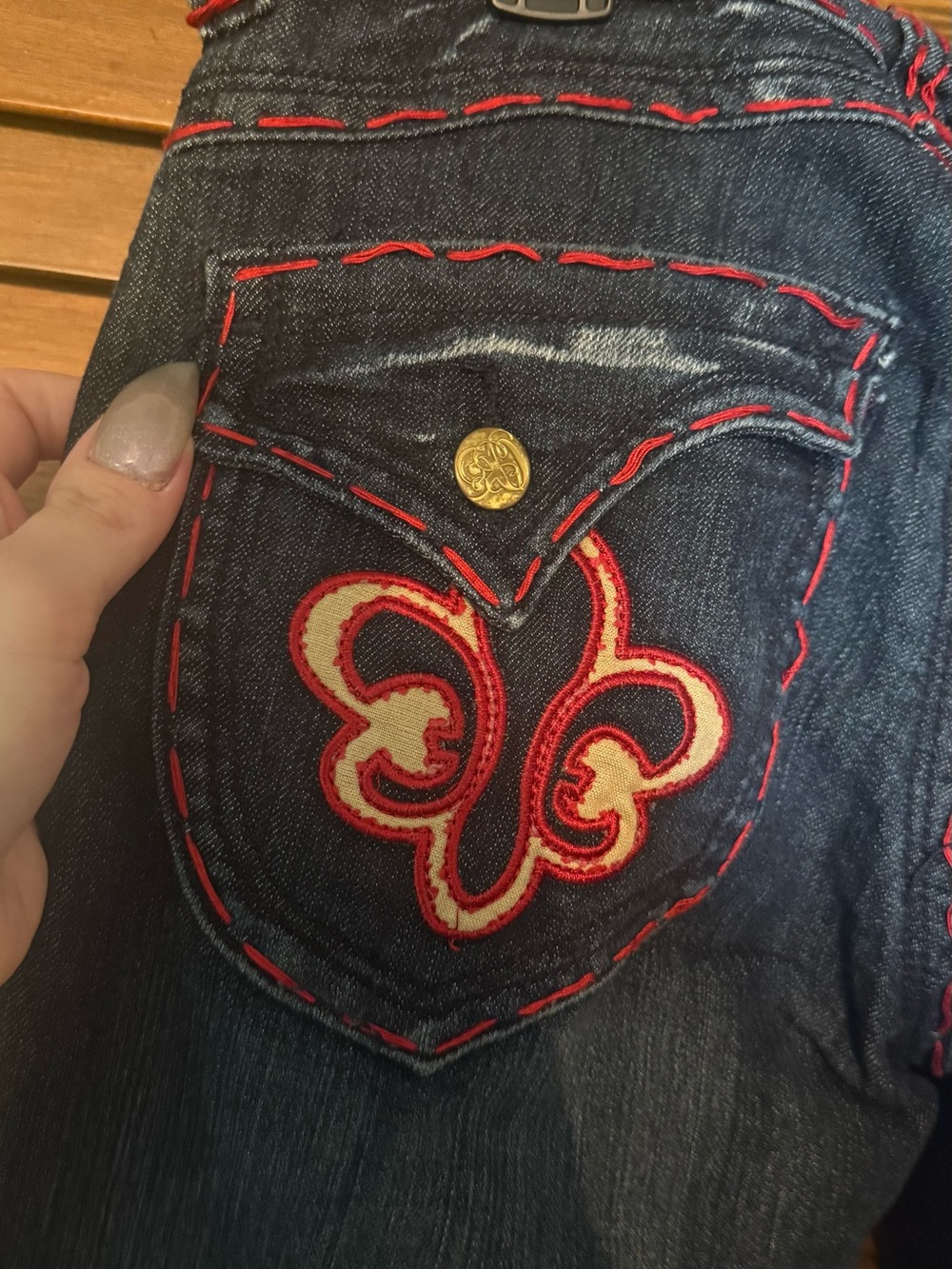 Dark Wash Boot Cut Jeans with Red Embroidered Back Pocket